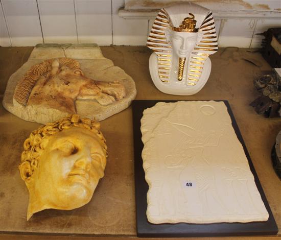 Antiquarian reproductions, inc ceramic bust of Tutankhamun, classical wall mask & 2 resin/plaster plaques